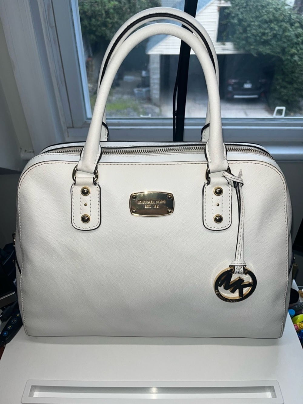 Michael Kors White Saffiano Leather Satchel with Gold Hardware